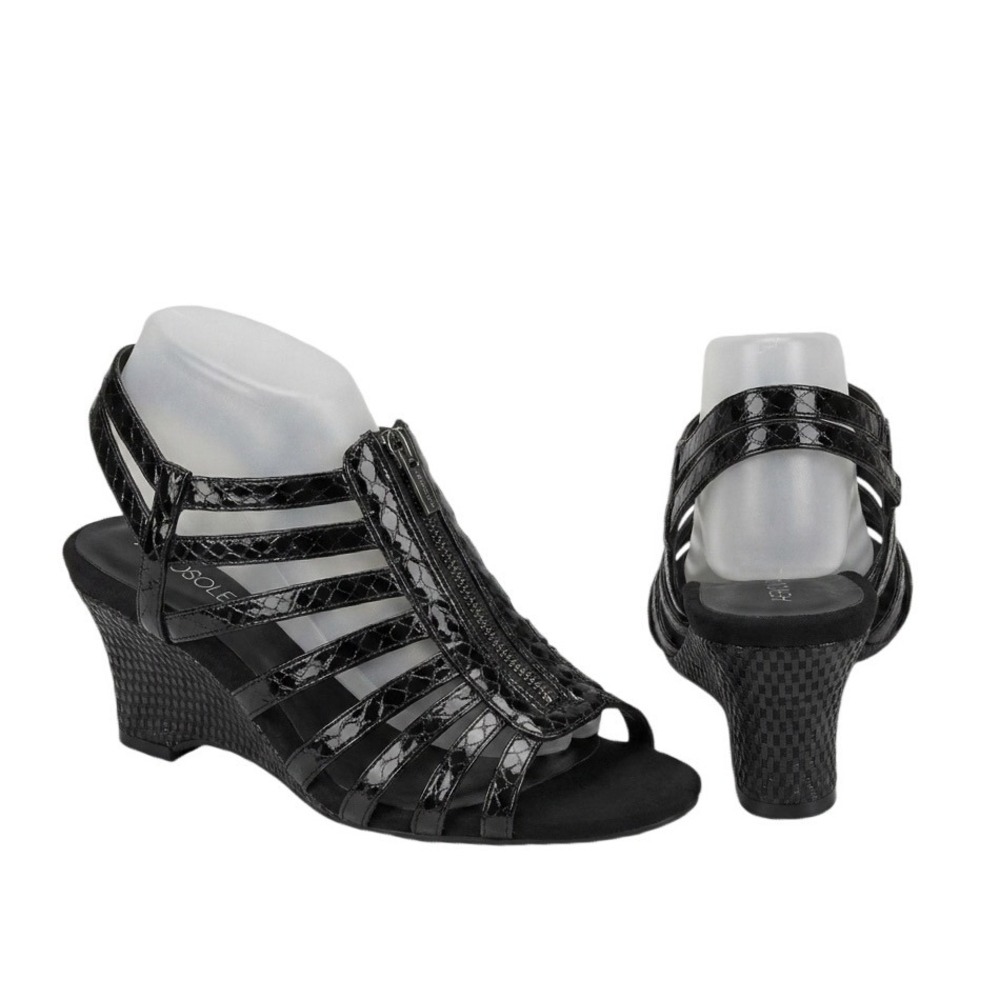 Aerosoles Half Dozen Black Snakeskin Strappy Wedge Sandals Womens‎ 12W Zip Front